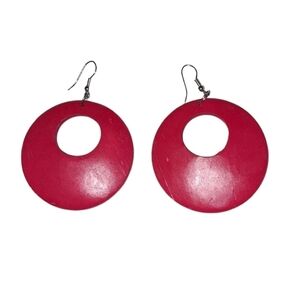 Red Wood Dangle Earrings with Silver Hardware